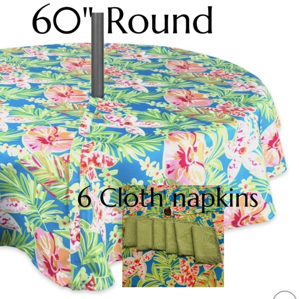 DII Summer Floral Outdoor Tablecloth W/Zipper 60" Round 6 Green Cloth Napkins